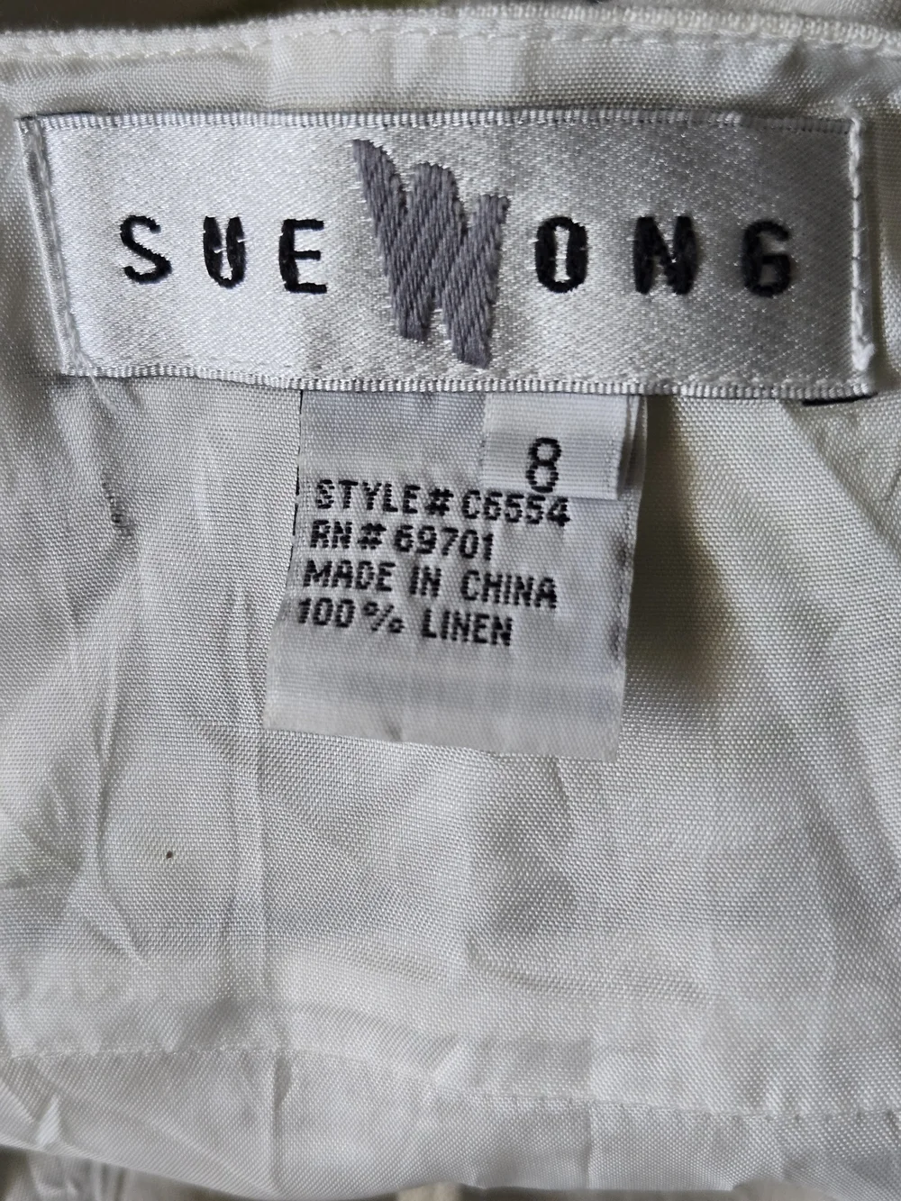 Sue Wong 100% Linen Embroidered Floral Dress Size 8 White Green Yellow